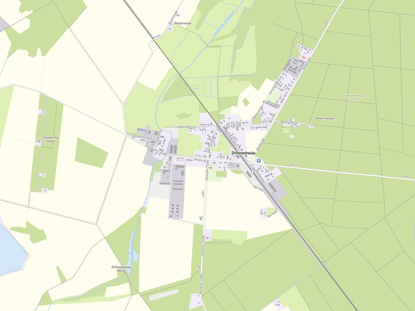 Kartenausschnitt Schwanheide mit Gewässern