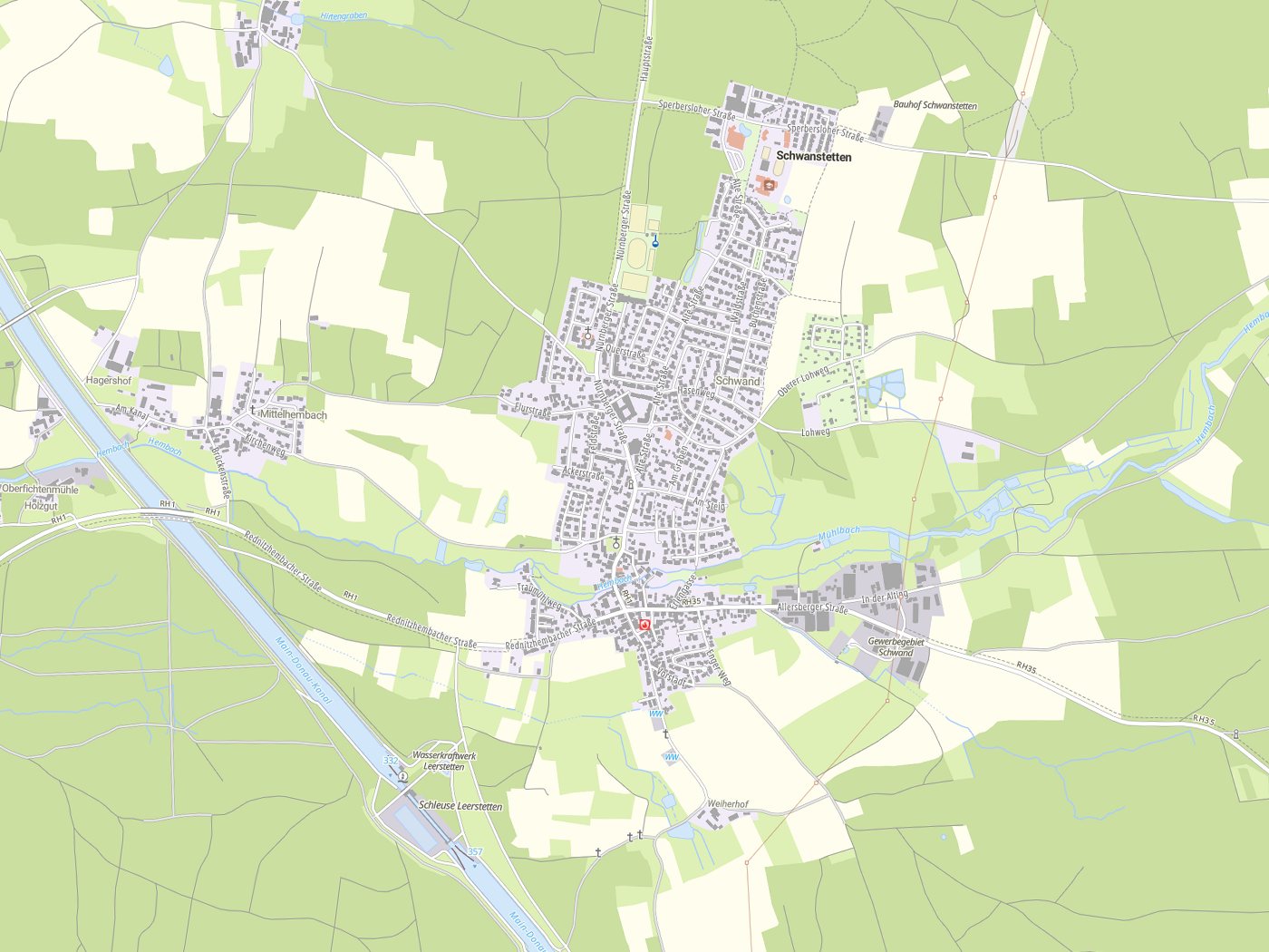 Kartenausschnitt Schwanstetten mit Gewässern