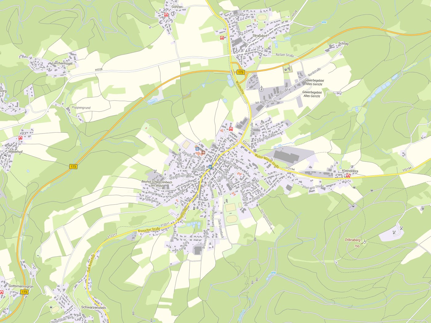 Kartenausschnitt Schwarzenbach a.Wald mit Gewässern