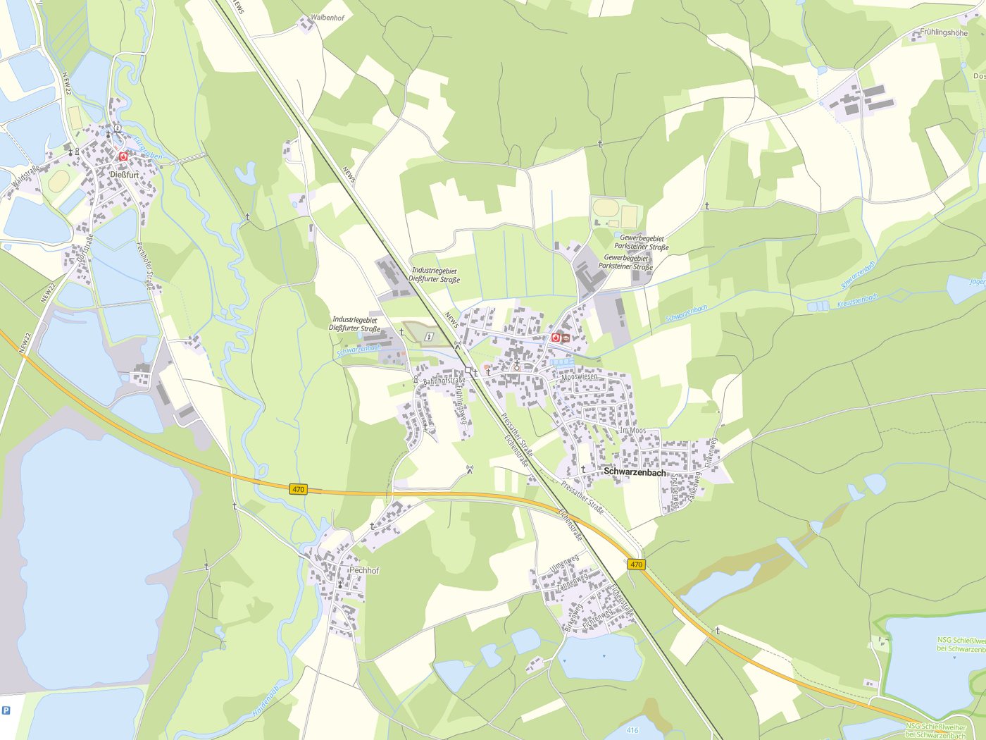 Kartenausschnitt Schwarzenbach mit Gewässern