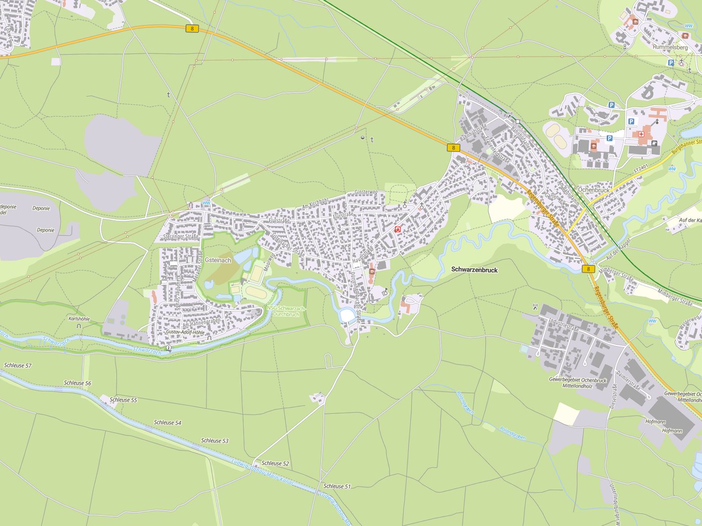 Kartenausschnitt Schwarzenbruck mit Gewässern