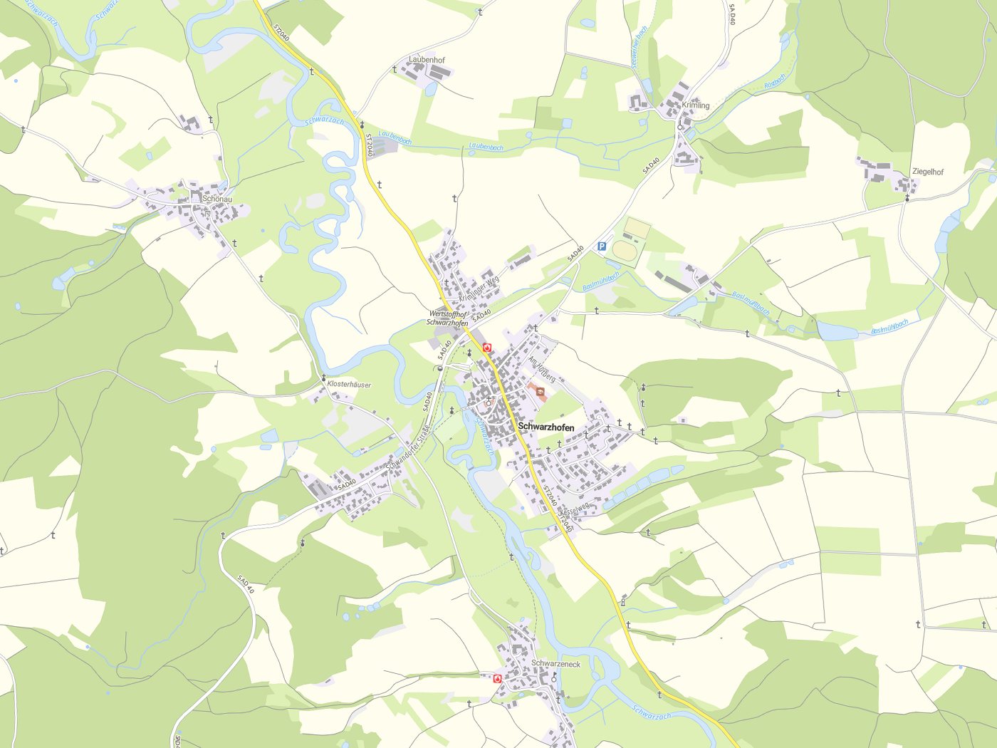 Kartenausschnitt Schwarzhofen mit Gewässern