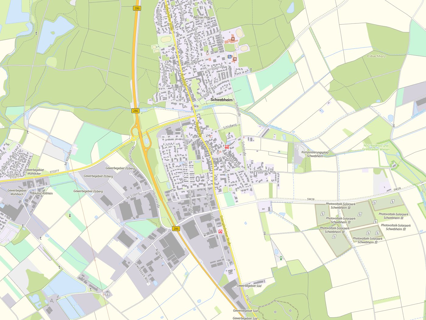 Kartenausschnitt Schwebheim mit Gewässern
