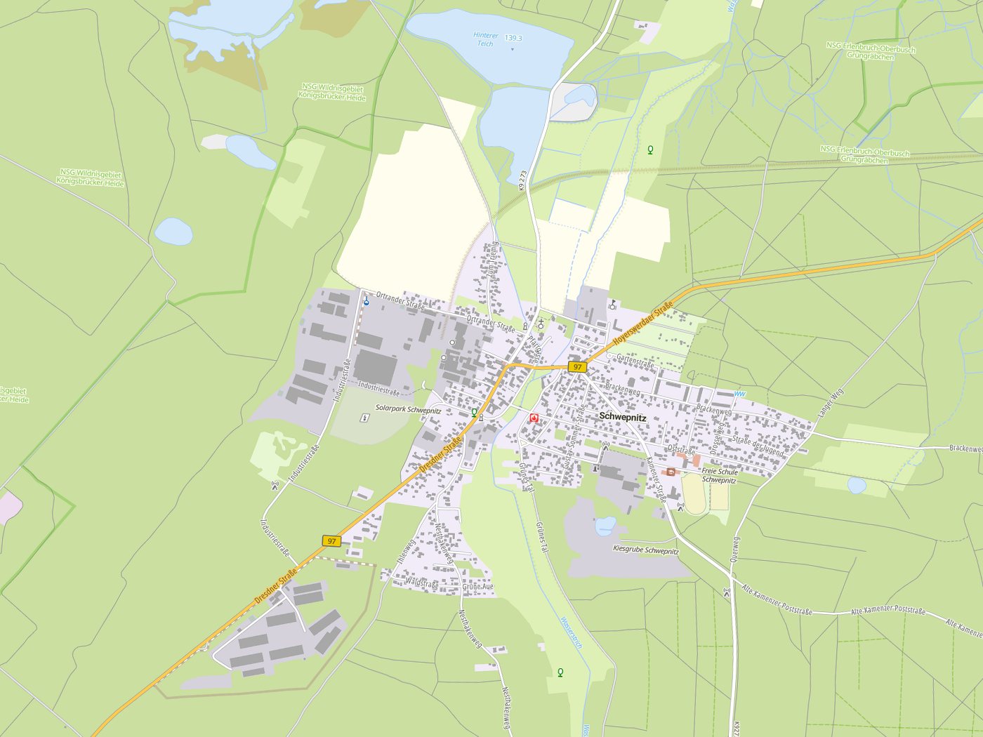 Kartenausschnitt Schwepnitz mit Gewässern