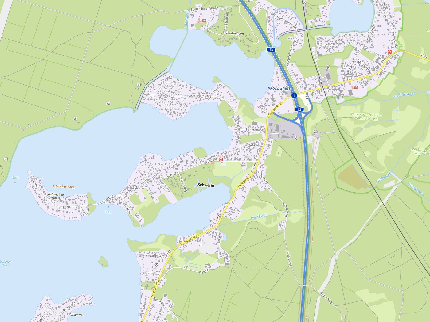 Kartenausschnitt Schwerin mit Gewässern