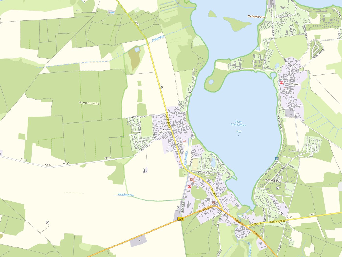 Kartenausschnitt Schwielochsee/Gójacki Jazor mit Gewässern