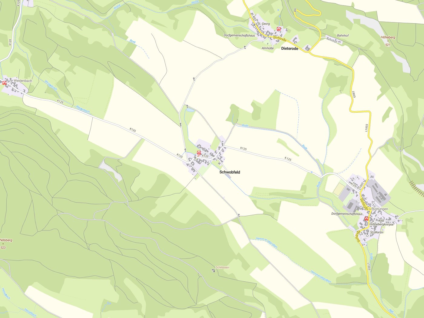 Kartenausschnitt Schwobfeld mit Gewässern