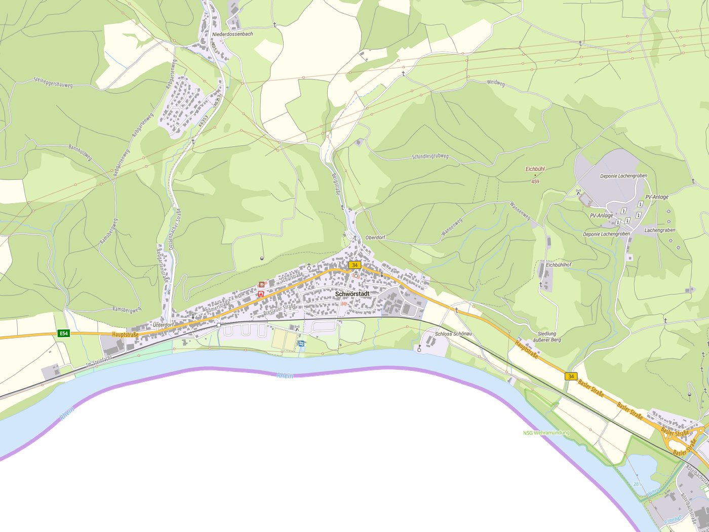 Kartenausschnitt Schwörstadt mit Gewässern