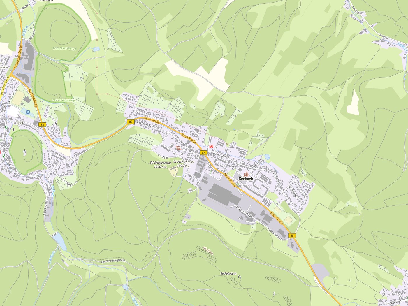 Kartenausschnitt Seebach mit Gewässern