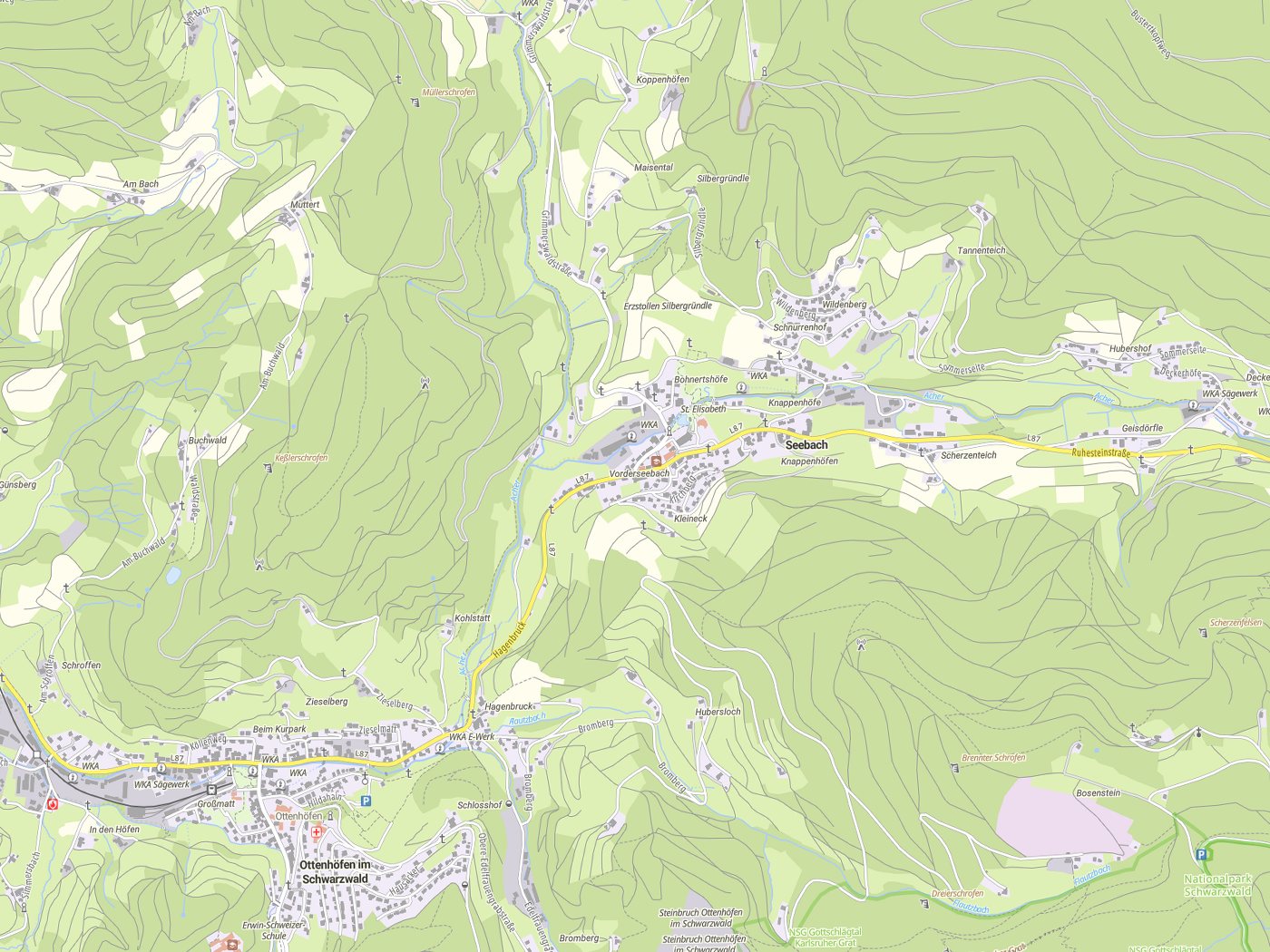 Kartenausschnitt Seebach mit Gewässern