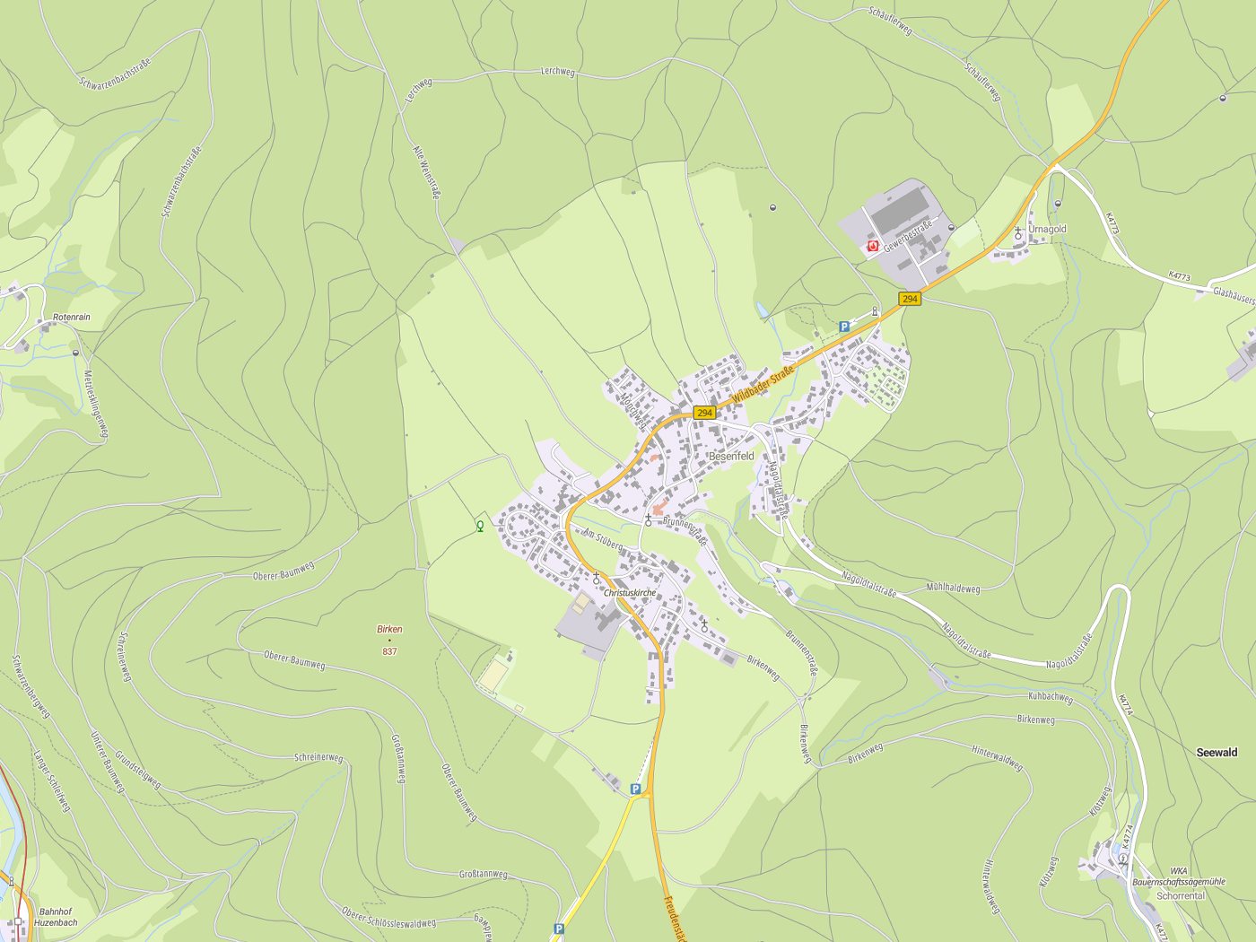 Kartenausschnitt Seewald mit Gewässern