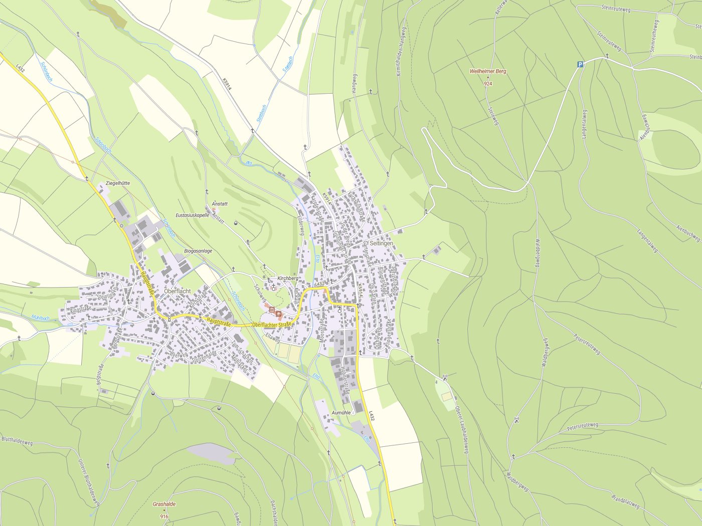 Kartenausschnitt Seitingen-Oberflacht mit Gewässern