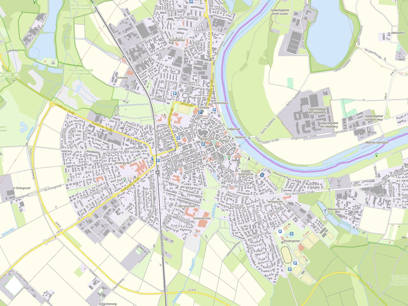 Kartenausschnitt Seligenstadt mit Gewässern