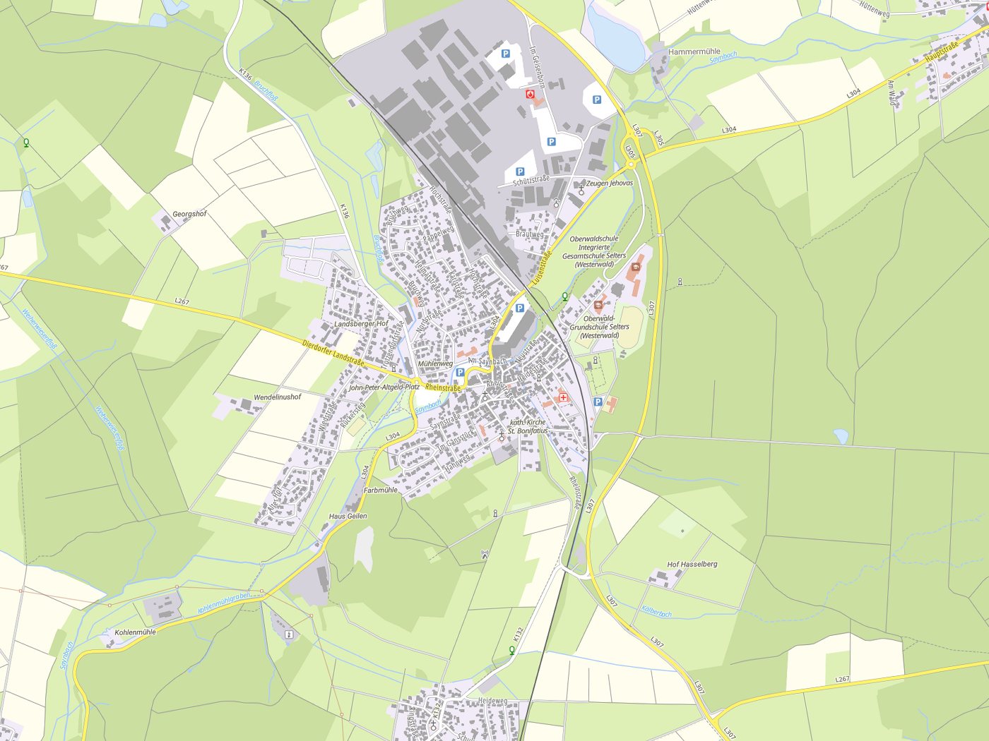 Kartenausschnitt Selters (Westerwald) mit Gewässern