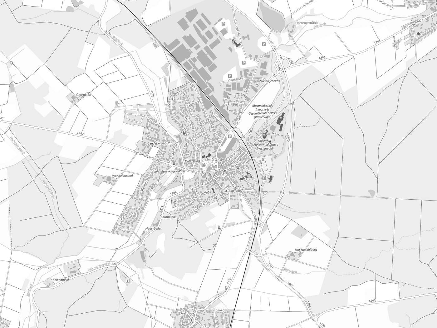 Kartenausschnitt Selters (Westerwald) mit Gewässern