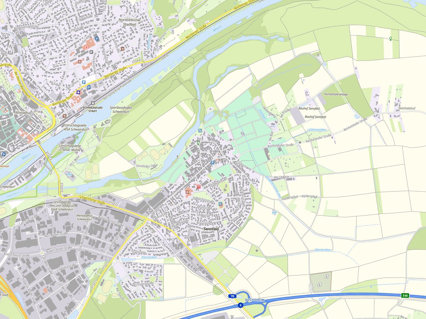 Kartenausschnitt Sennfeld mit Gewässern