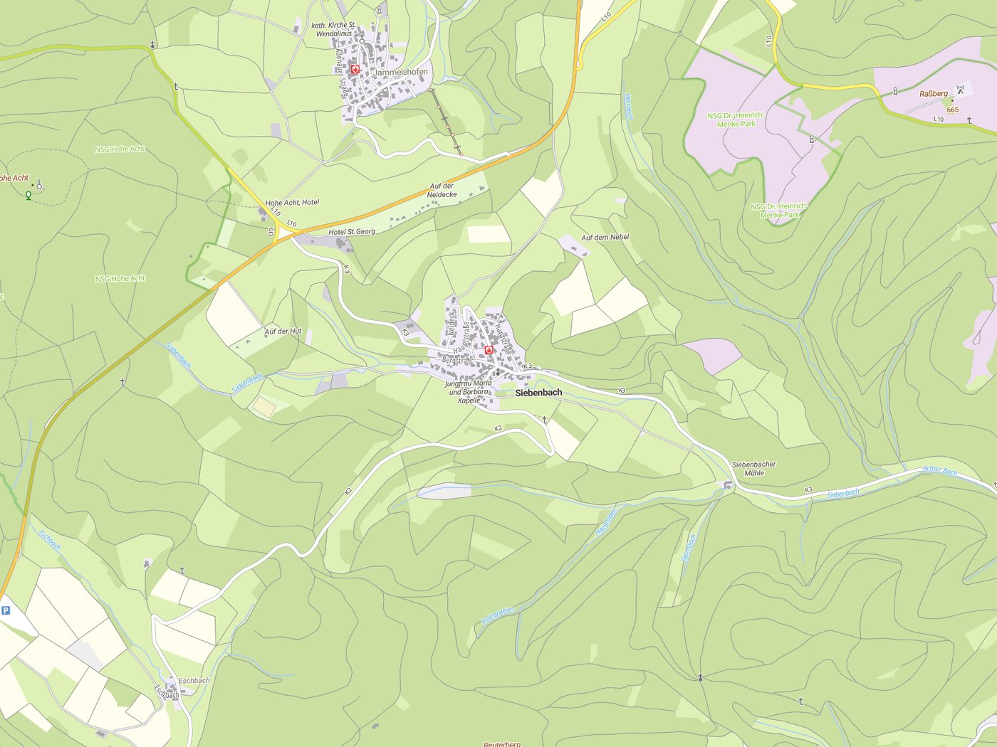 Kartenausschnitt Siebenbach mit Gewässern