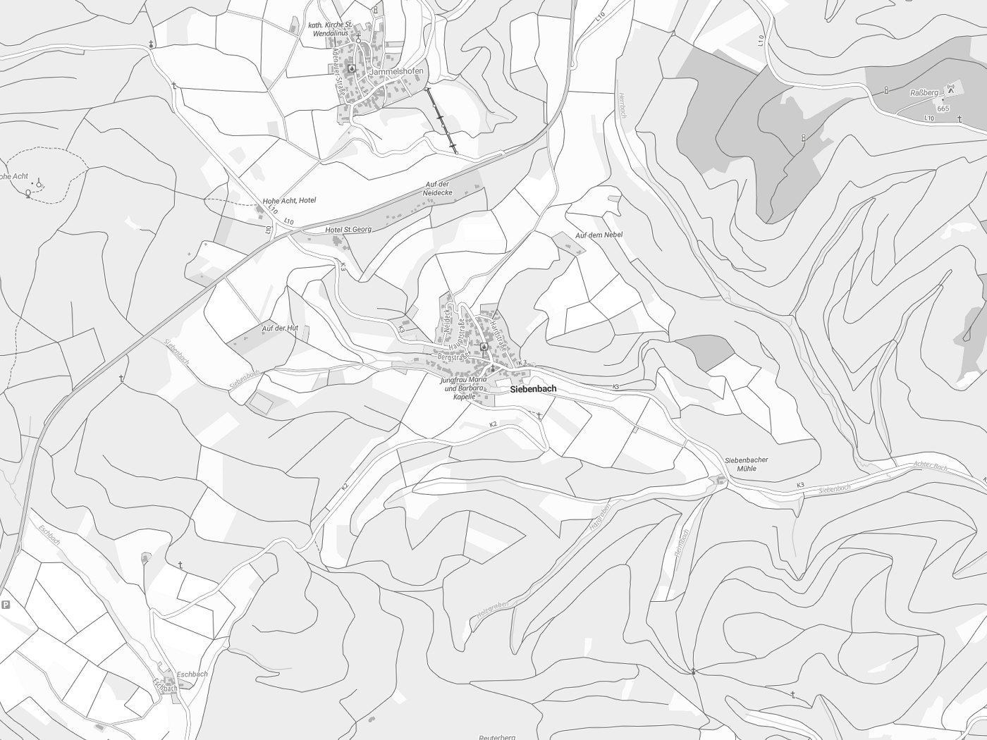 Kartenausschnitt Siebenbach mit Gewässern