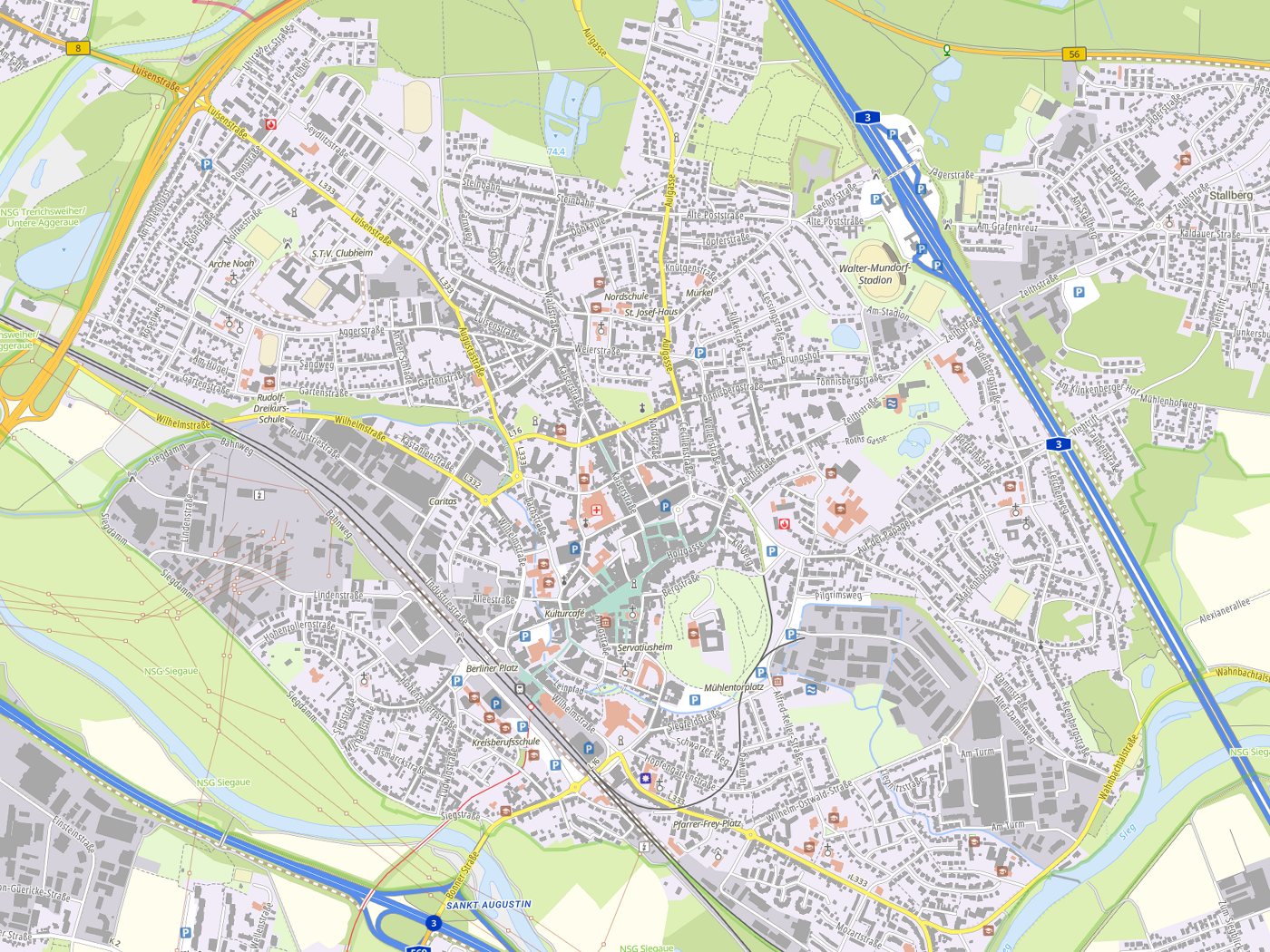 Kartenausschnitt Siegburg mit Gewässern