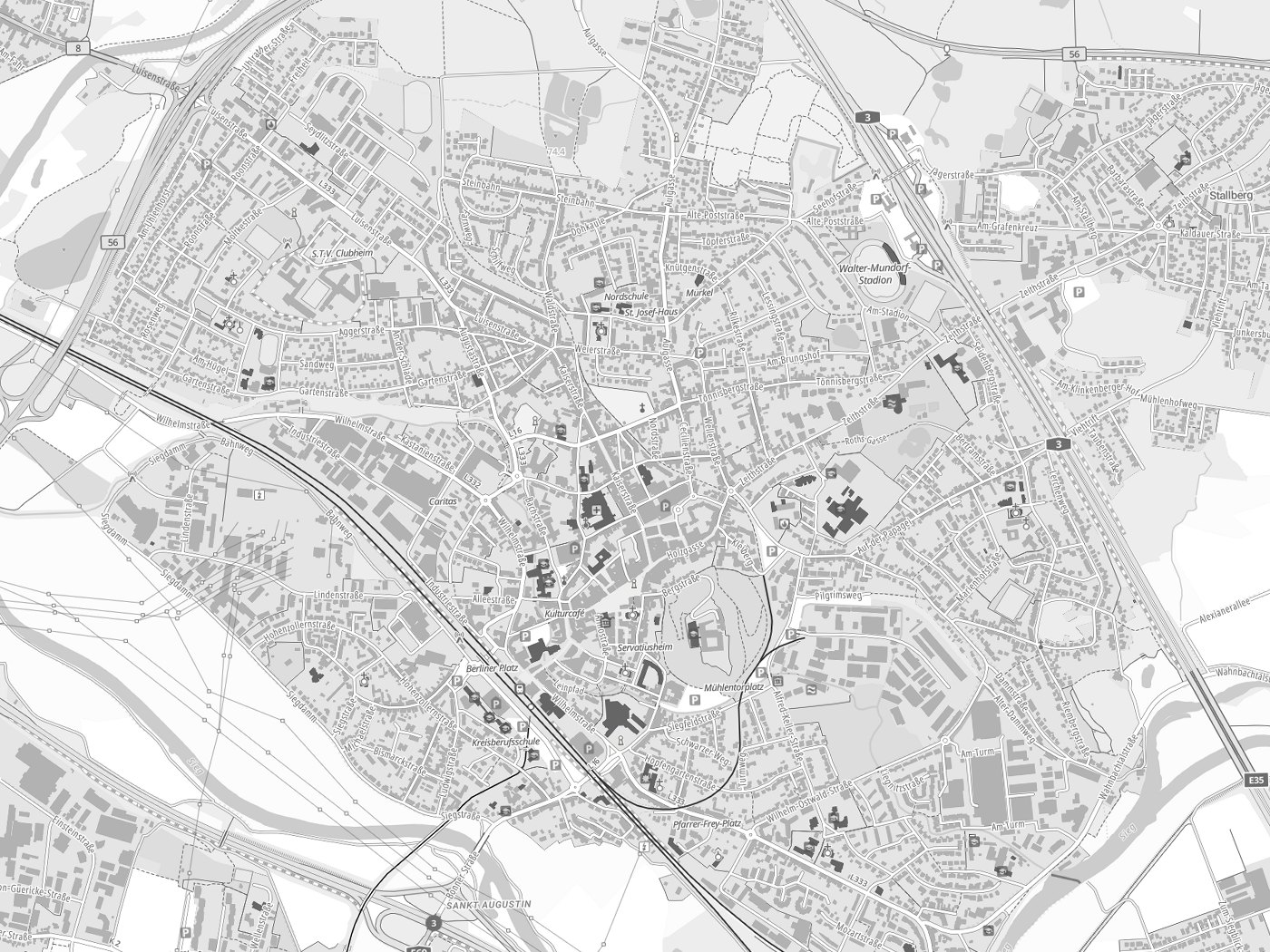 Kartenausschnitt Siegburg mit Gewässern