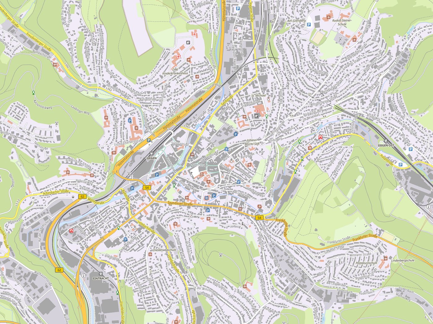 Kartenausschnitt Siegen mit Gewässern