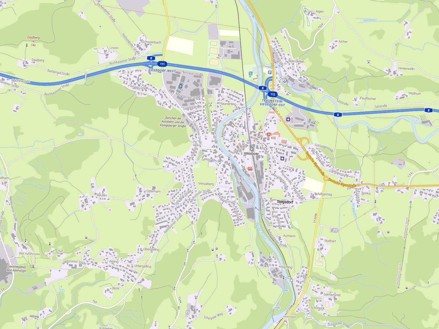 Kartenausschnitt Siegsdorf mit Gewässern