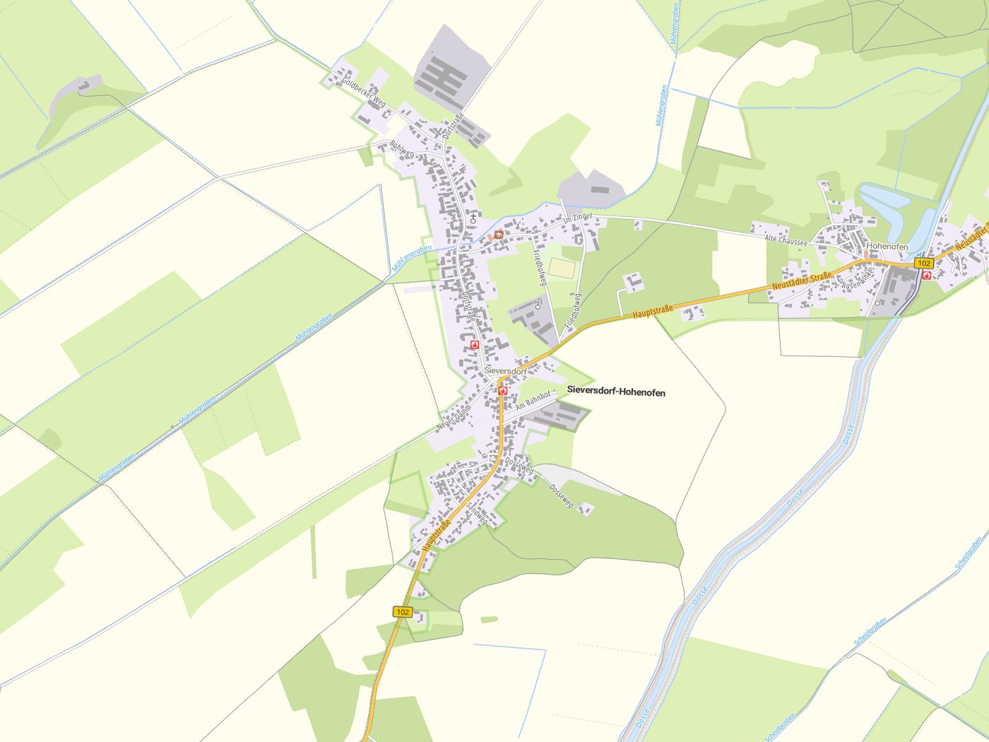 Kartenausschnitt Sieversdorf-Hohenofen mit Gewässern