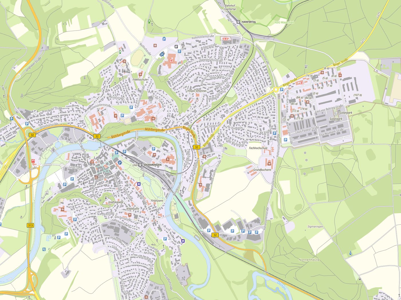 Kartenausschnitt Sigmaringen mit Gewässern