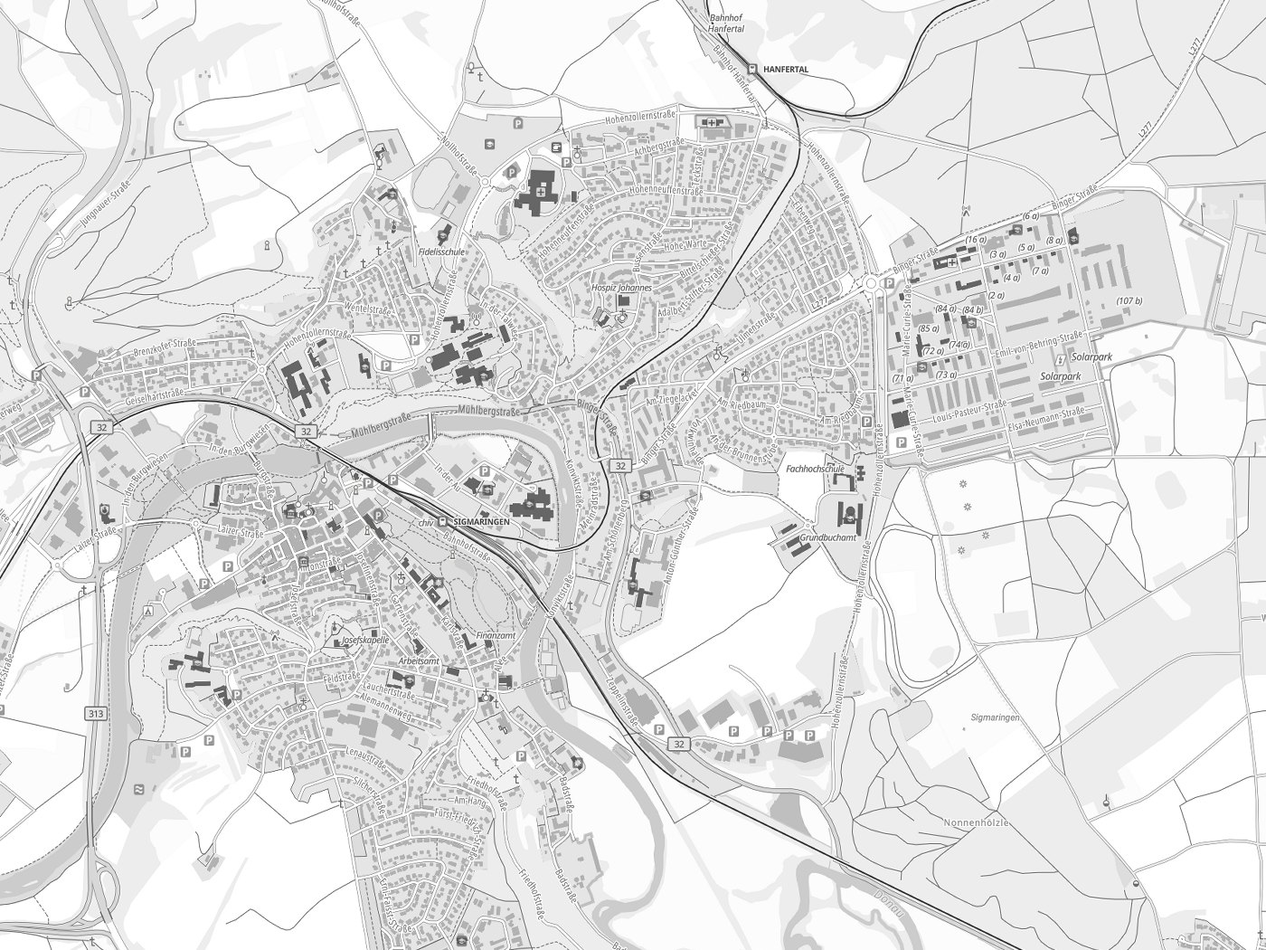 Kartenausschnitt Sigmaringen mit Gewässern