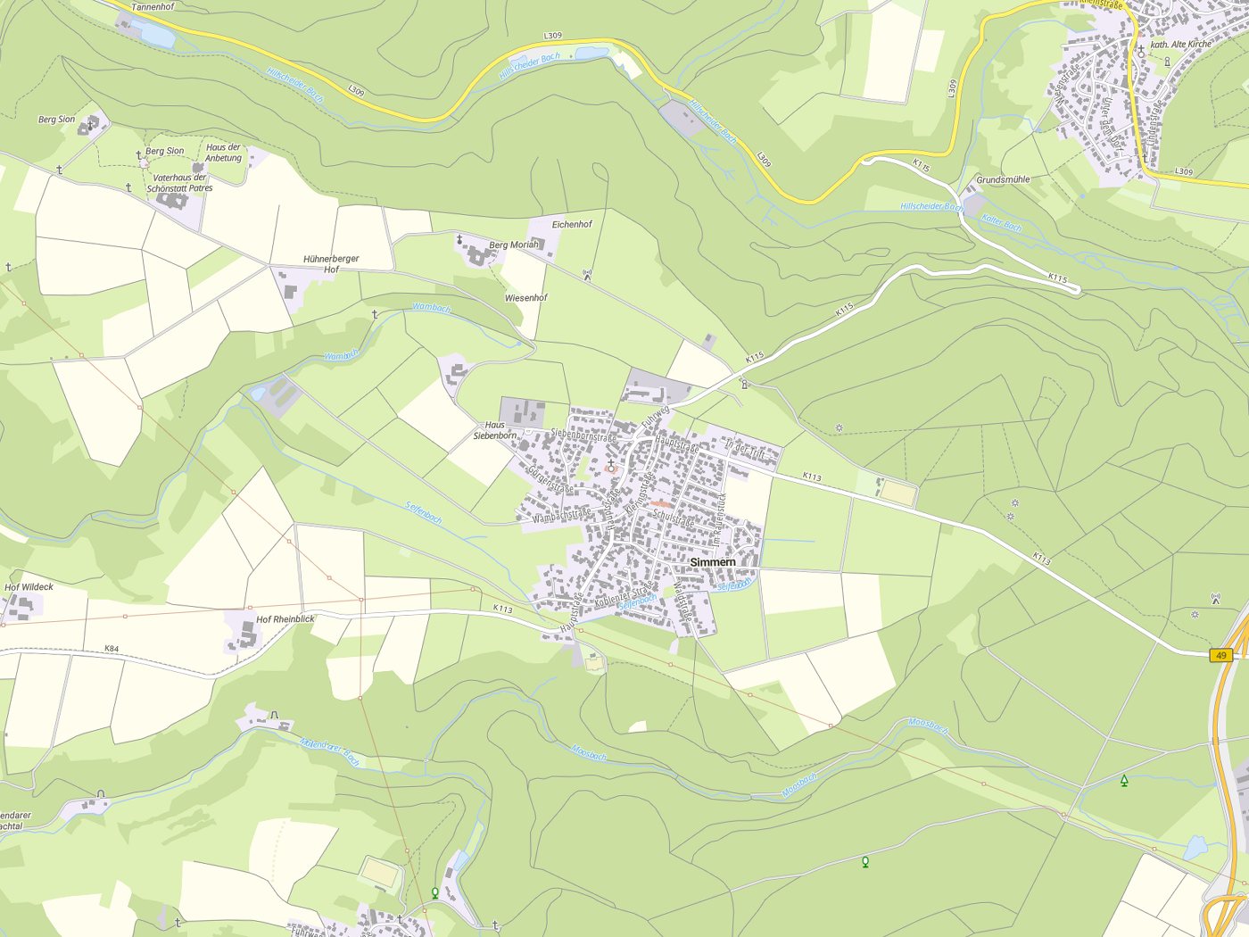 Kartenausschnitt Simmern mit Gewässern