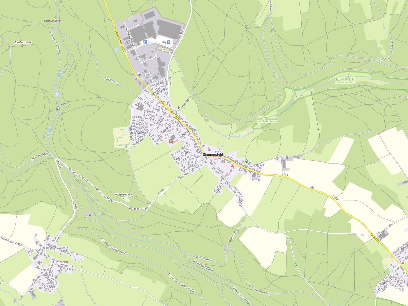 Kartenausschnitt Simmersfeld mit Gewässern