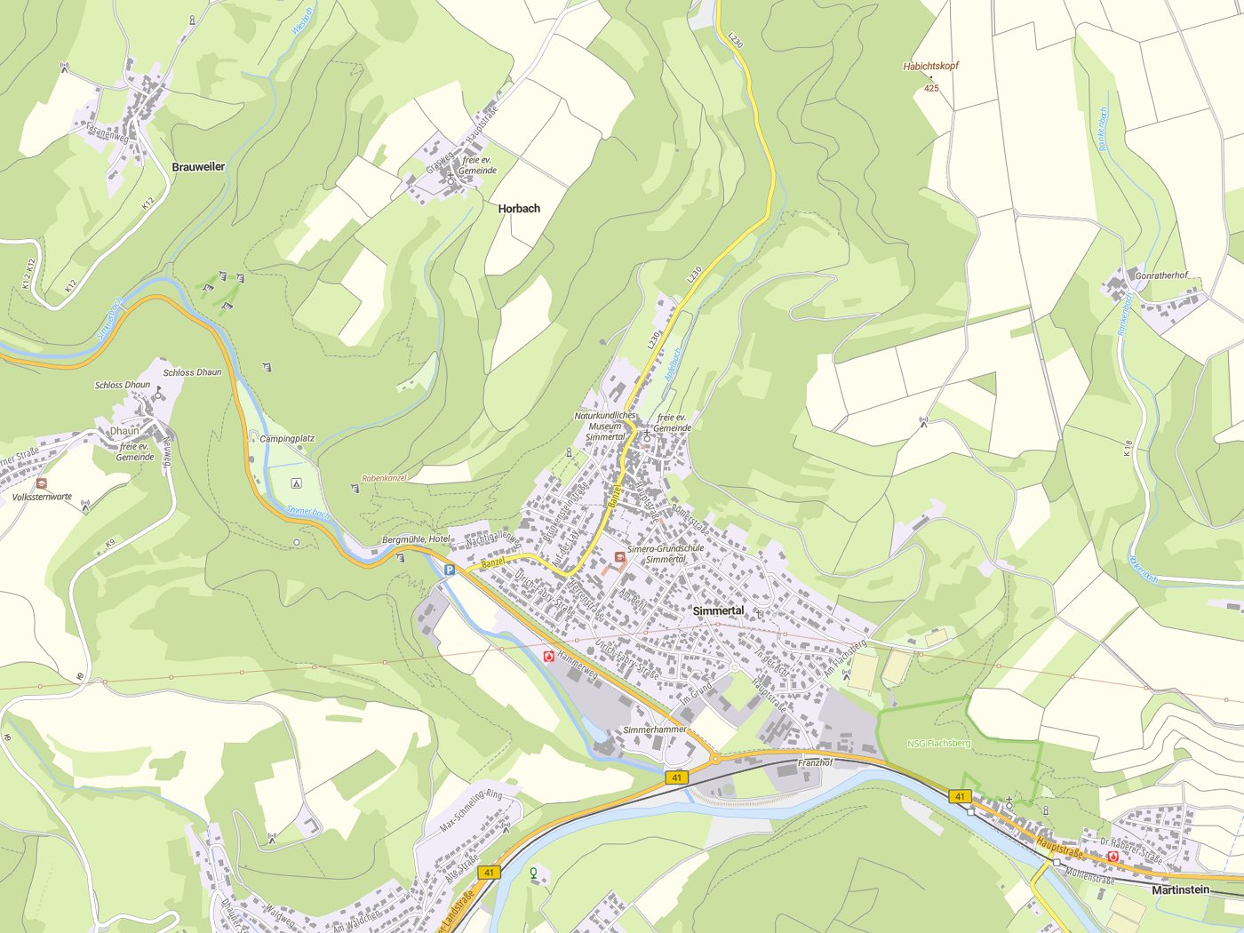 Kartenausschnitt Simmertal mit Gewässern