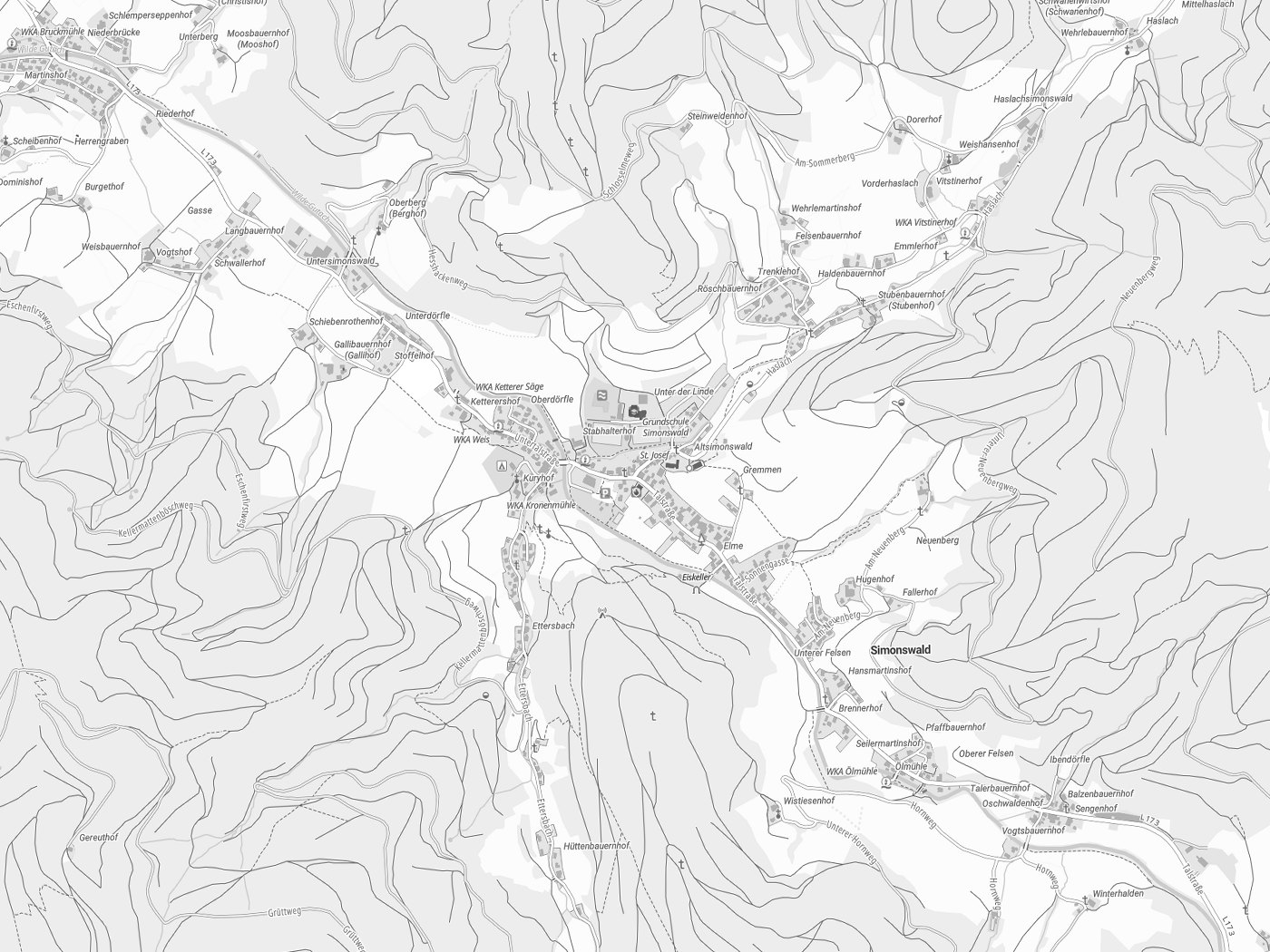 Kartenausschnitt Simonswald mit Gewässern