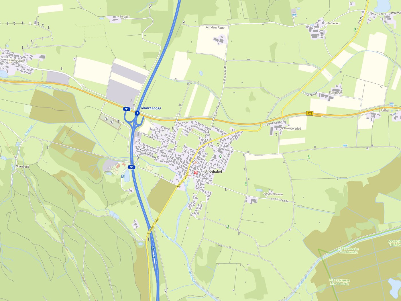 Kartenausschnitt Sindelsdorf mit Gewässern