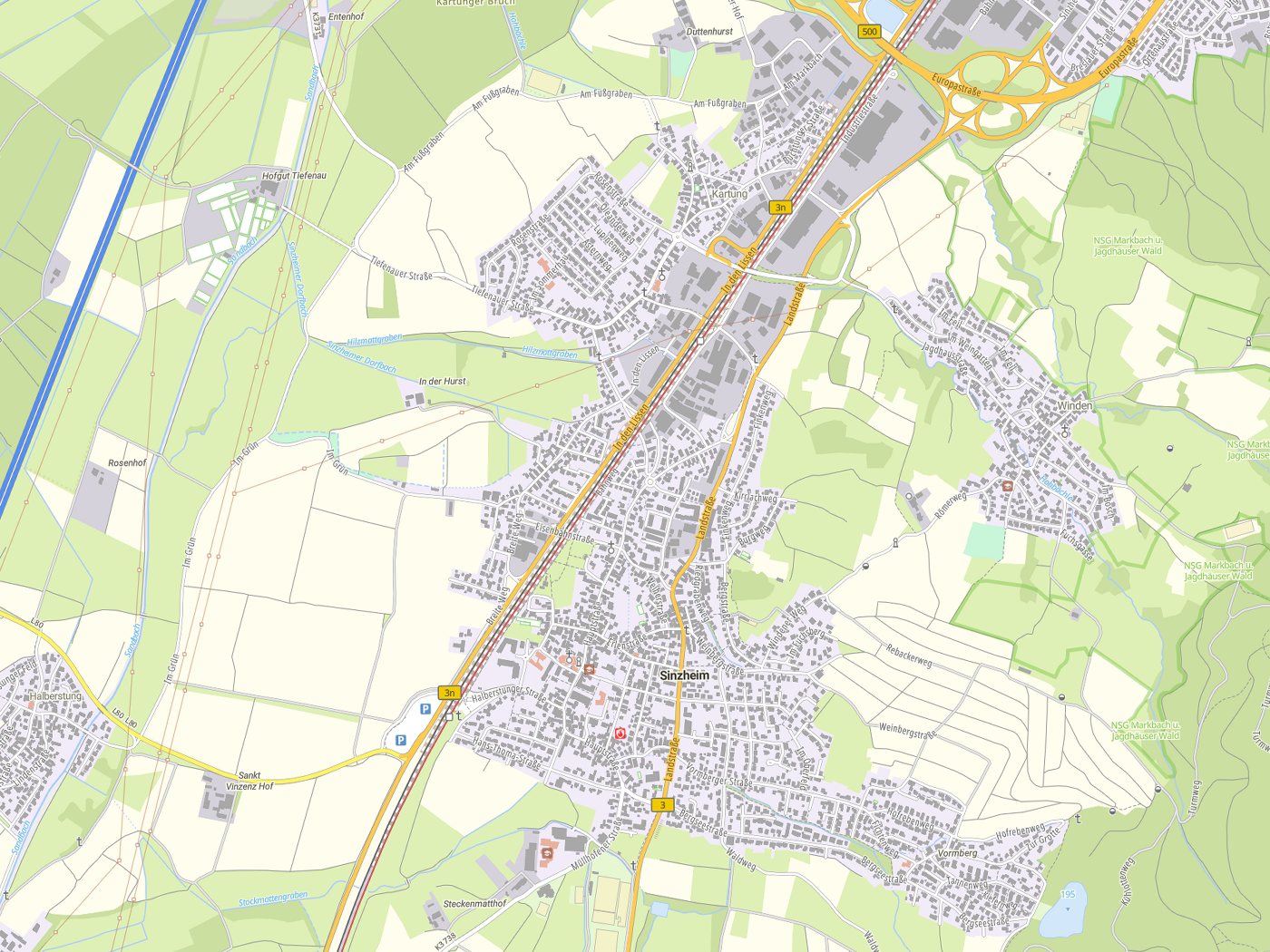 Kartenausschnitt Sinzheim mit Gewässern