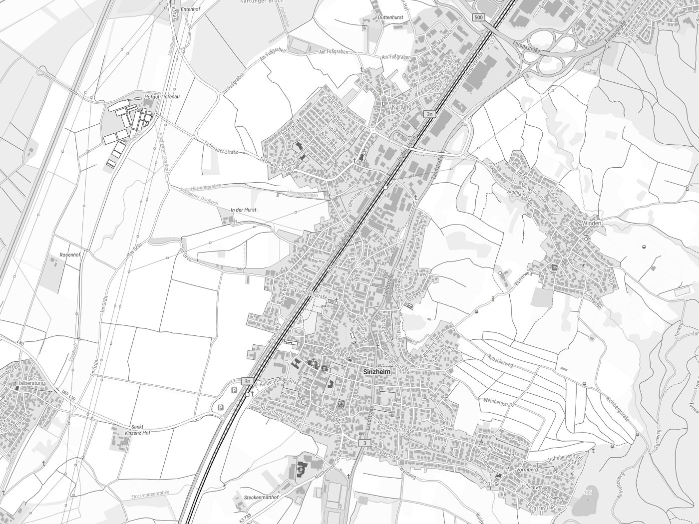 Kartenausschnitt Sinzheim mit Gewässern