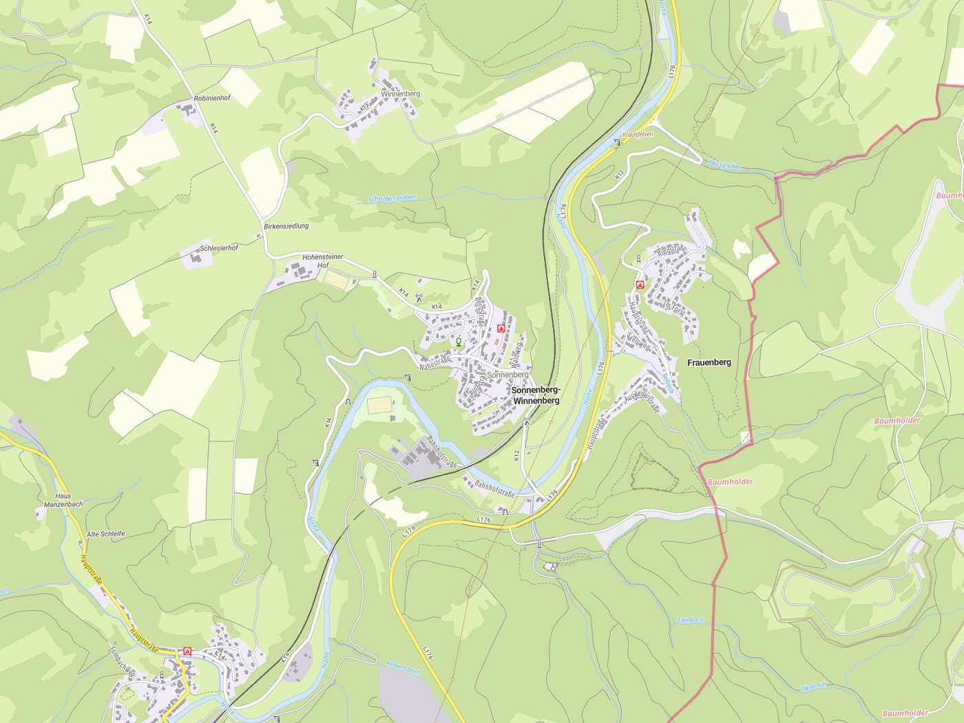 Kartenausschnitt Sonnenberg-Winnenberg mit Gewässern