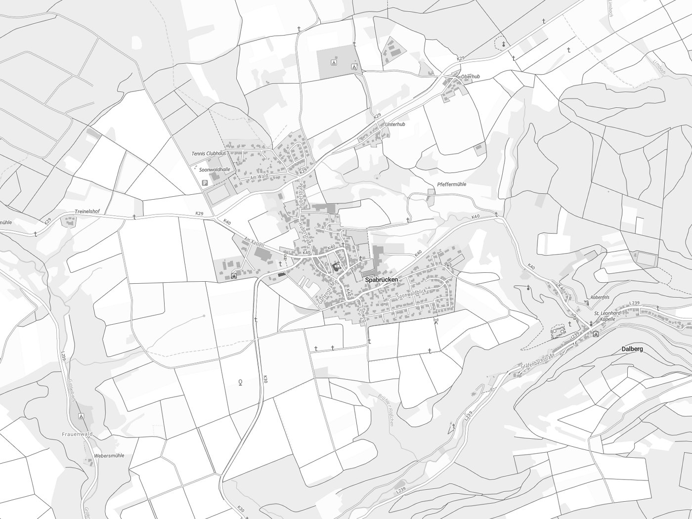Kartenausschnitt Spabrücken mit Gewässern
