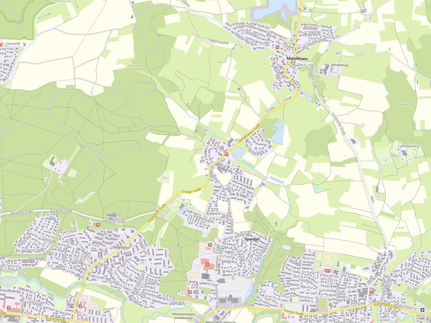 Kartenausschnitt Spardorf mit Gewässern