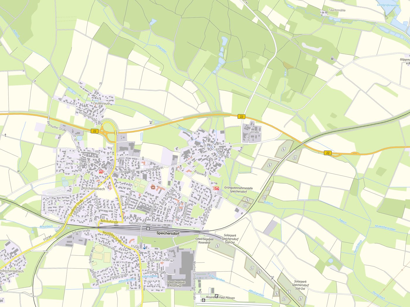 Kartenausschnitt Speichersdorf mit Gewässern