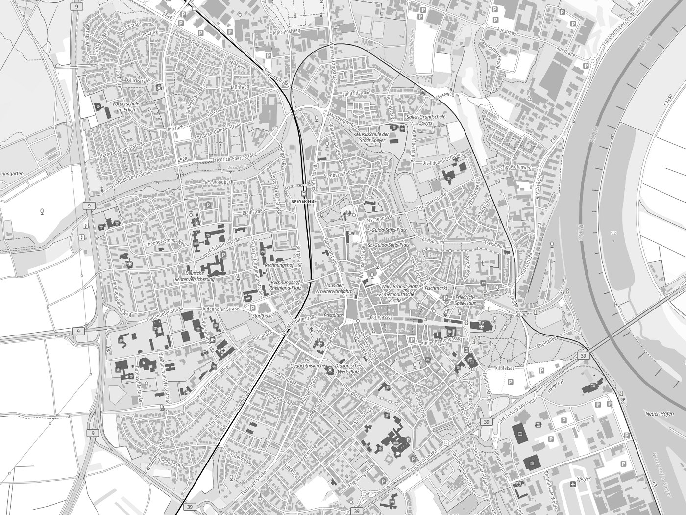 Kartenausschnitt Speyer mit Gewässern