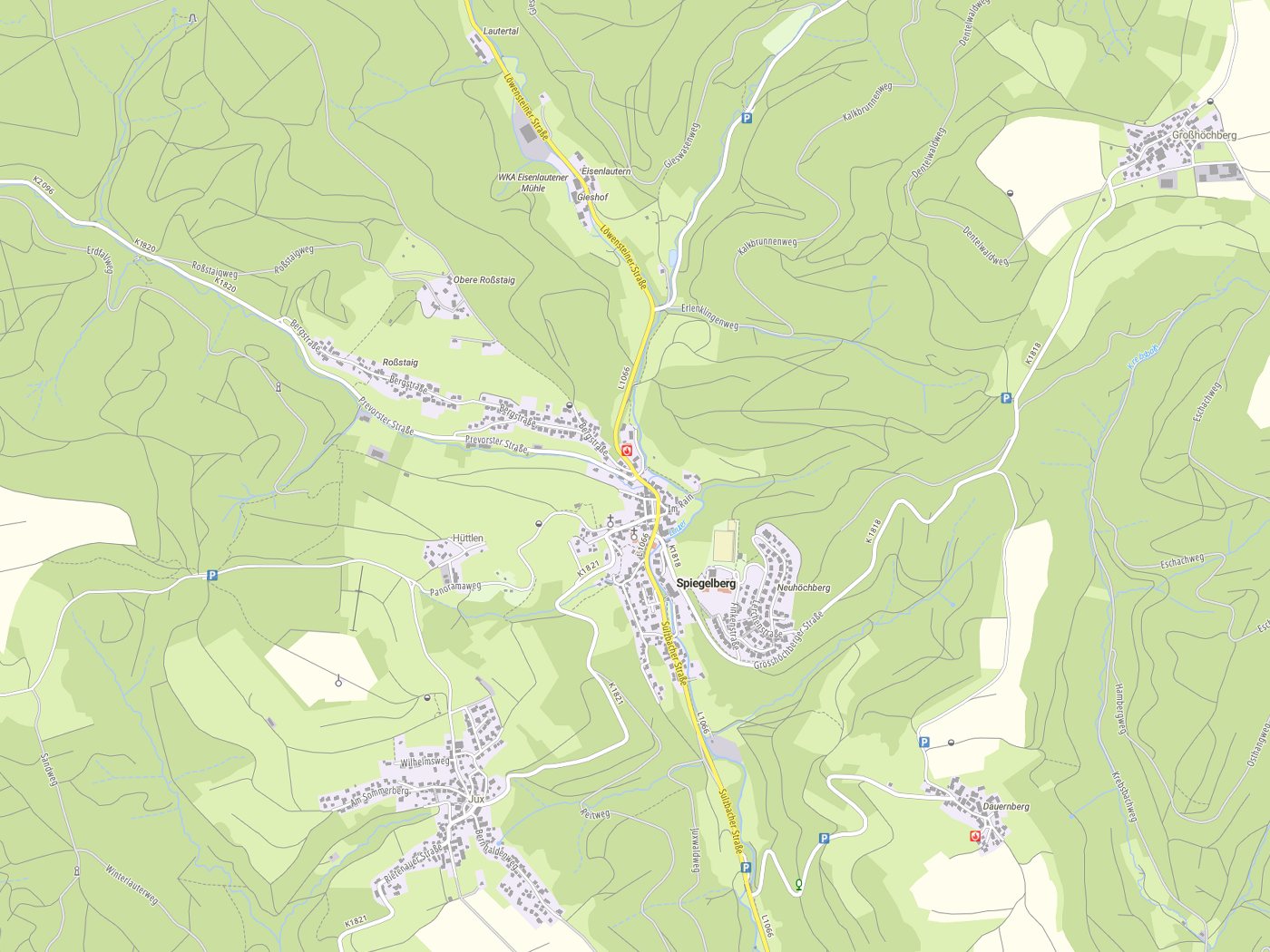 Kartenausschnitt Spiegelberg mit Gewässern