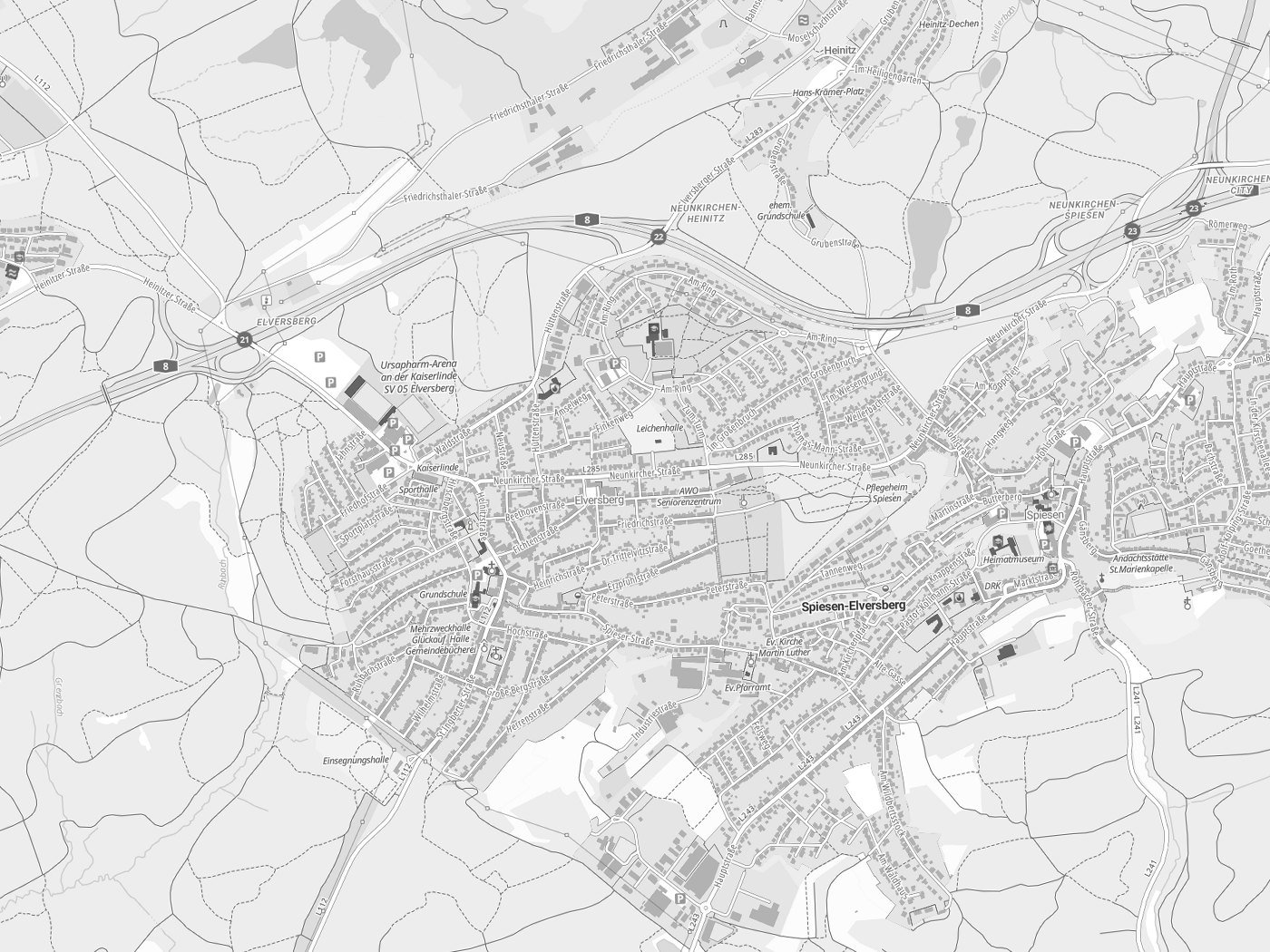 Kartenausschnitt Spiesen-Elversberg mit Gewässern