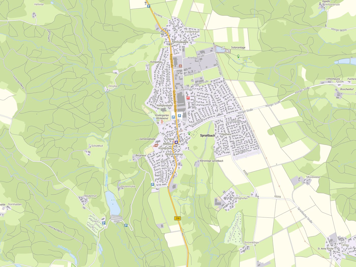 Kartenausschnitt Spraitbach mit Gewässern
