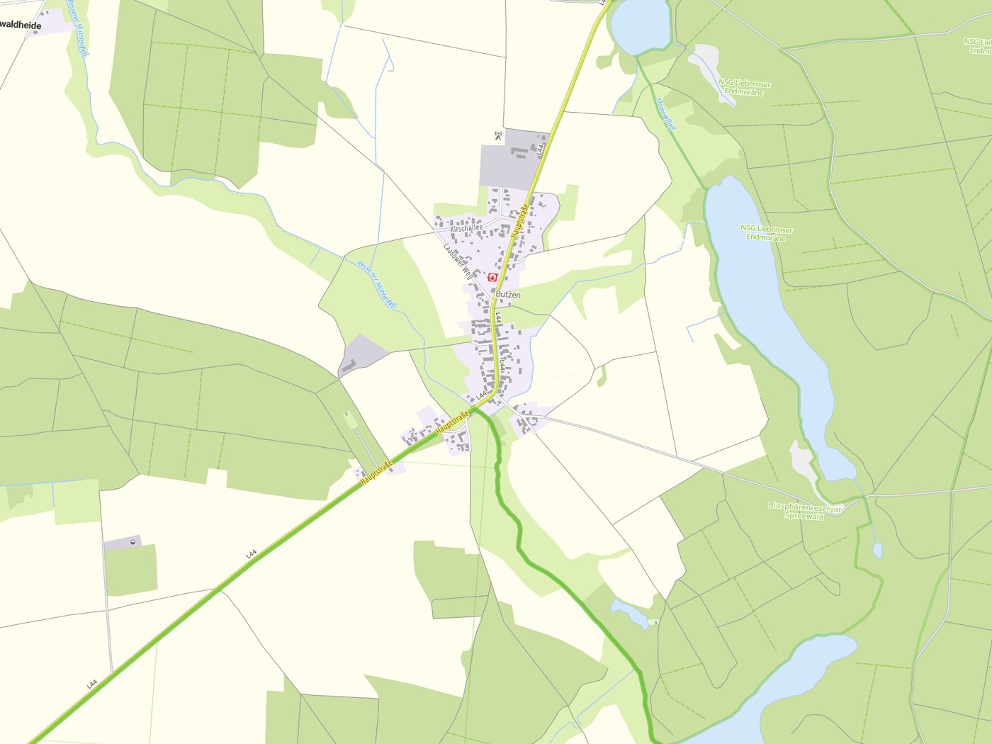 Kartenausschnitt Spreewaldheide/Błośańska Góla mit Gewässern
