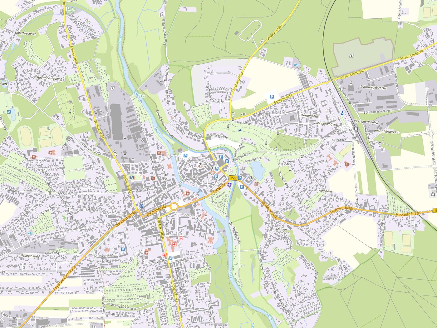 Kartenausschnitt Spremberg/Grodk mit Gewässern