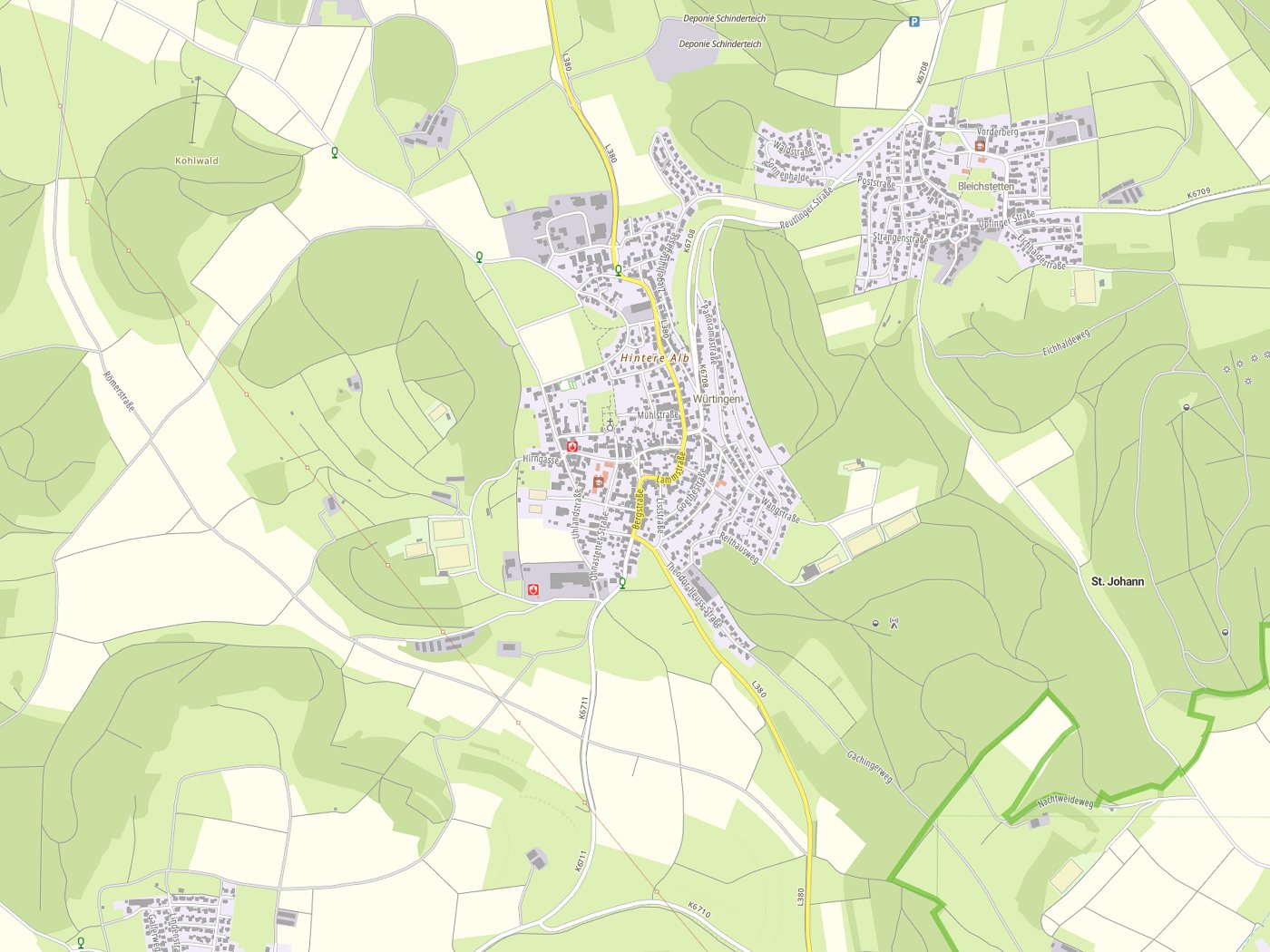 Kartenausschnitt St. Johann mit Gewässern