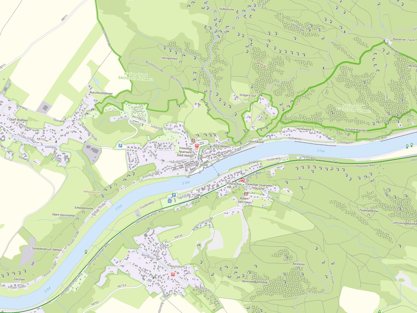 Kartenausschnitt Stadt Wehlen mit Gewässern