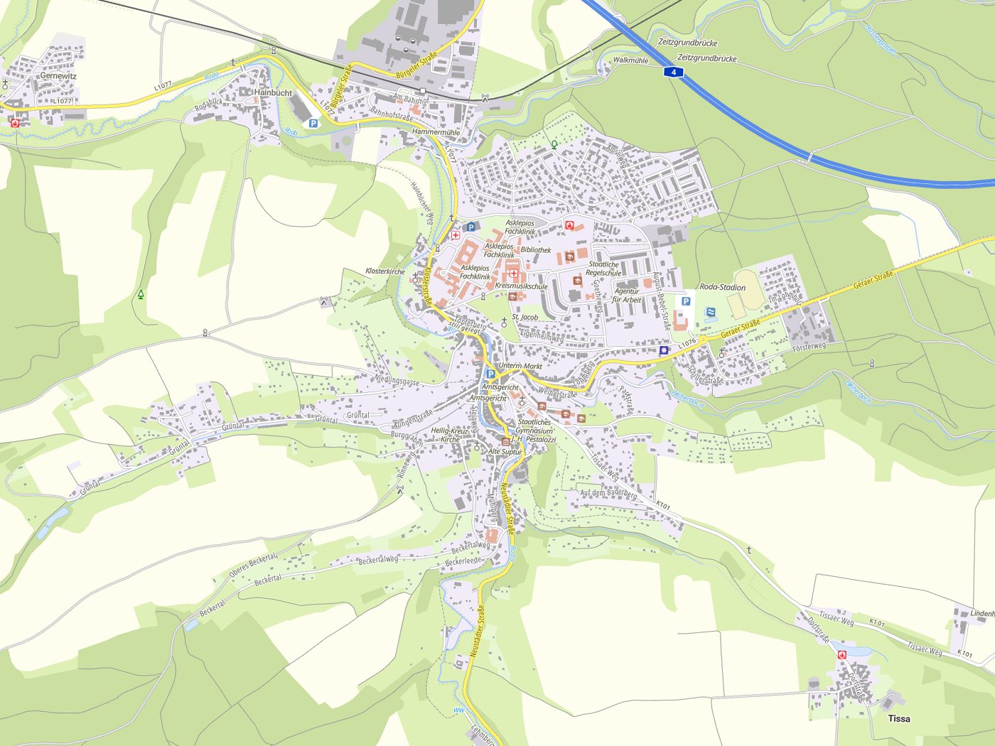 Kartenausschnitt Stadtroda mit Gewässern