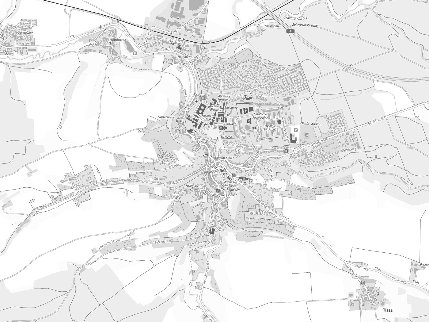 Kartenausschnitt Stadtroda mit Gewässern